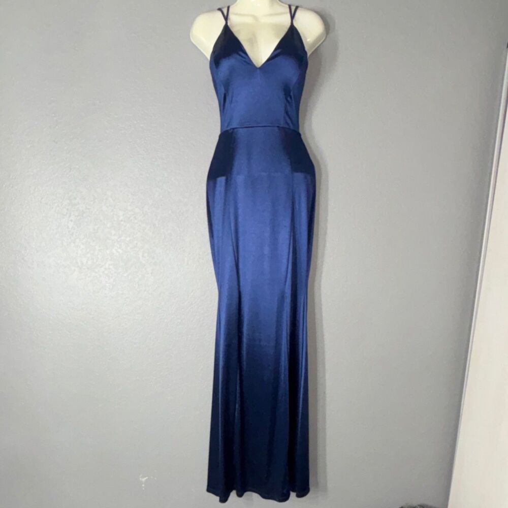 Windsor Blue Satin Strappy Maxi Gown Dress Sleeveless Tie Back S